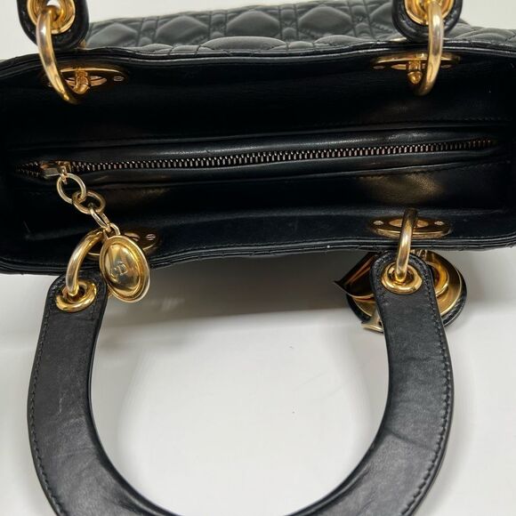 CHRISTIAN DIOR Lady Cannage Hand Tote Bag Leather Black Gold - Picture 9 of 13